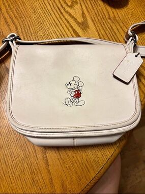 Coach White Leather Shoulder Bag with Mickey Mouse Accent open tu offered